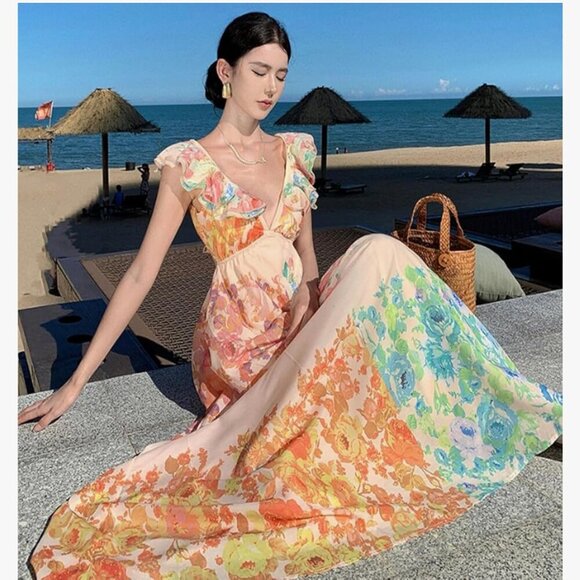 Ivory Floral Halter Style Backless Maxi Dress A43 - Picture 2 of 11